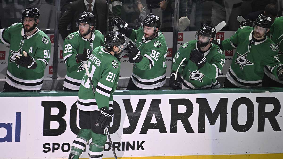 Dallas Stars left wing Jason Robertson (21) reacts after scoring a goal against the Edmonton Oilers during the third period in game five of the Western Conference Final of the 2025 Stanley Cup Playoffs at American Airlines Center.