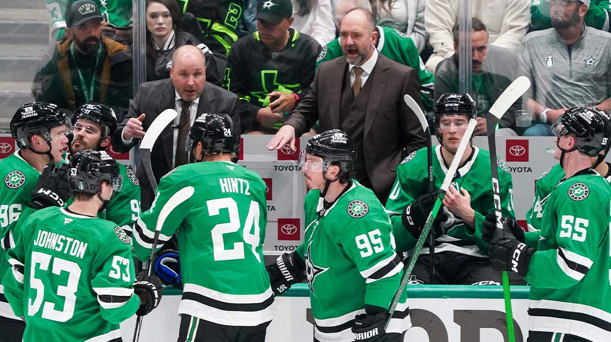 Dallas Stars head coach Peter DeBoer talks with his team during the third period in game one of the first round of the 2025 Stanley Cup Playoffs against the Colorado Avalanche at American Airlines Center.
