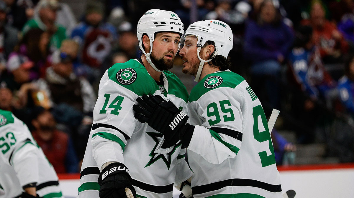 Dallas Stars left wing Jamie Benn (14) and center Matt Duchene (95) in the first period against the Colorado Avalanche at Ball Arena.