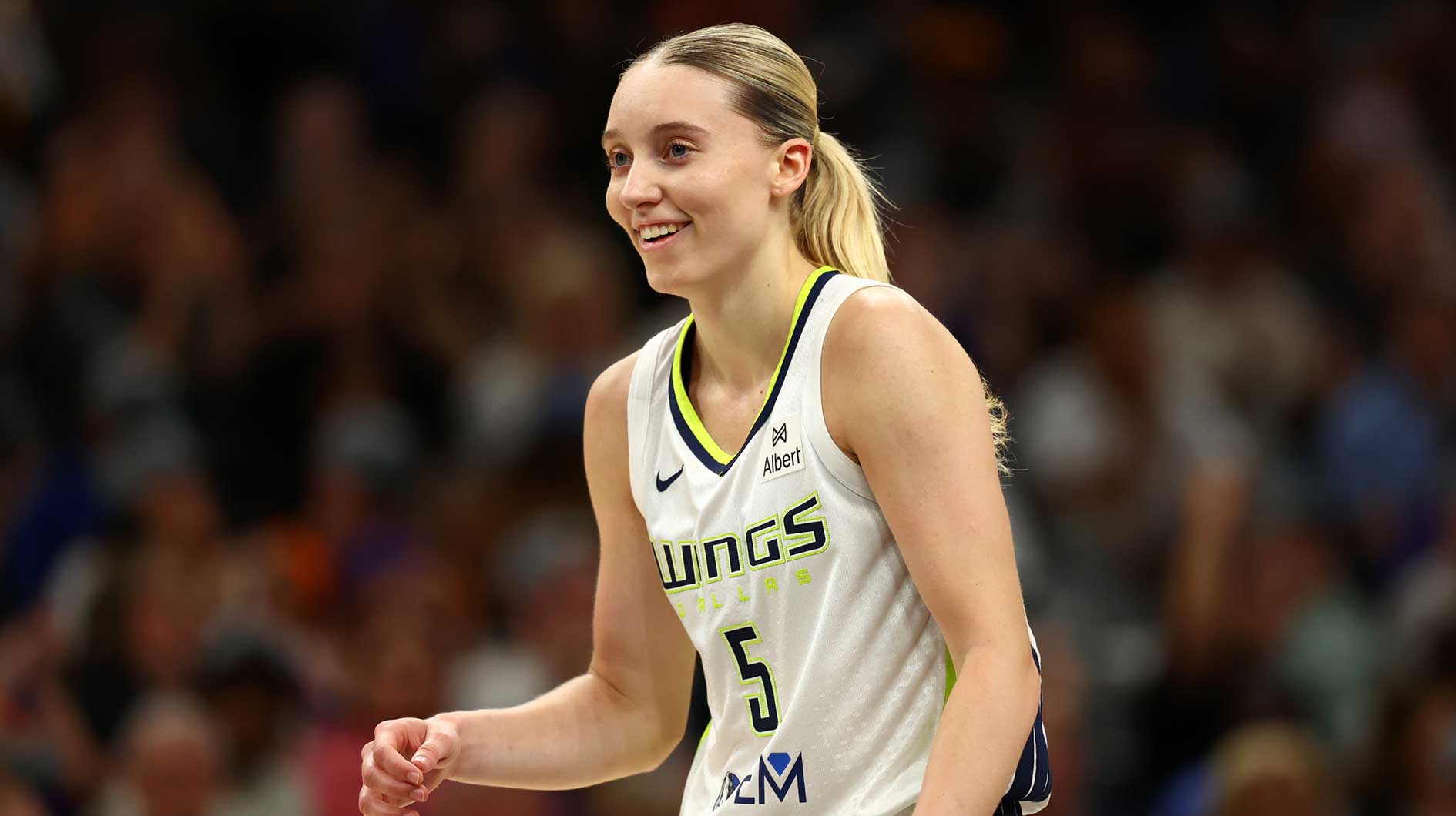 Jun 11, 2025; Phoenix, Arizona, USA; Dallas Wings guard Paige Bueckers (5) against the Phoenix Mercury at PHX Arena. Mandatory Credit: Mark J. Rebilas-Imagn Images
