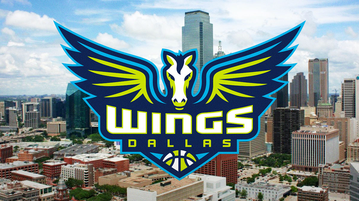 Dallas Wings logo in front. Dallas, Texas city skyline in background.