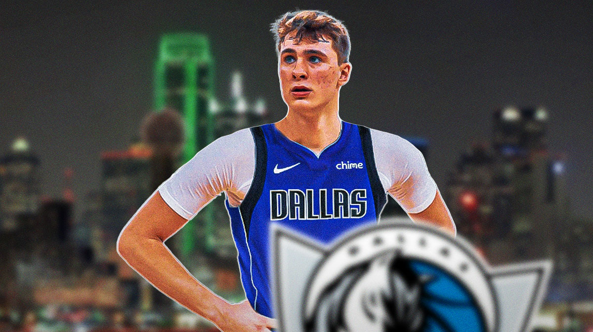 Cooper Flagg in a Dallas Mavericks jersey with the Dallas City skyline at night in background.