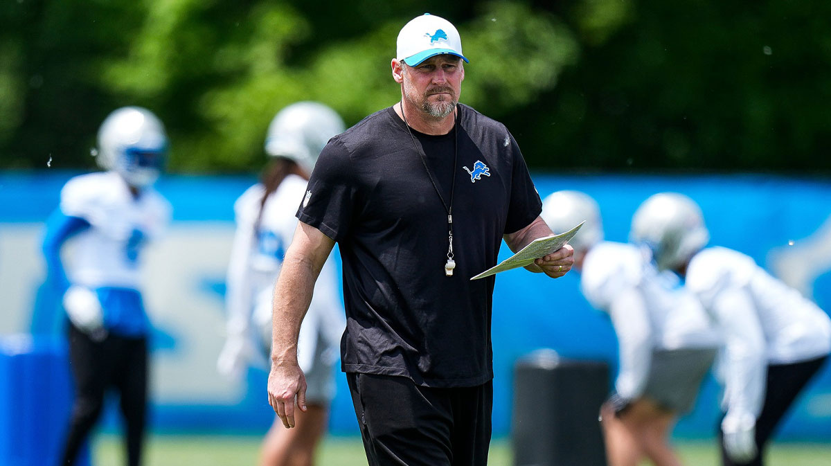 Detroit Lions head coach Dan Campbell watches practices during OTA at Meijer Performance Center in Allen Park on Friday, May 30, 2025.