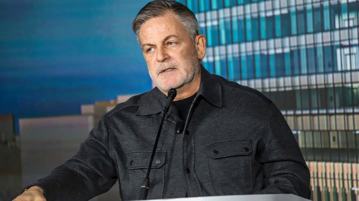 Bedrock Founder, Chairman Dan Gilbert announces General Motors moving its global headquarters to the newly completed Hudson site, during a press conference held at the Hudson site in downtown Detroit on Monday, April 15, 2024.