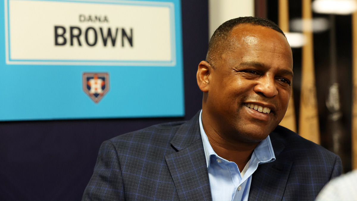 Houston Astros general manager Dana Brown talks with media at George M. Steinbrenner Field.