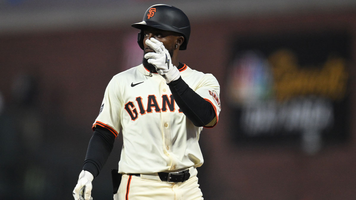 San Francisco Giants right fielder Daniel Johnson (56) celebrates his single against the San Diego Padres in the seventh inning at Oracle Park.