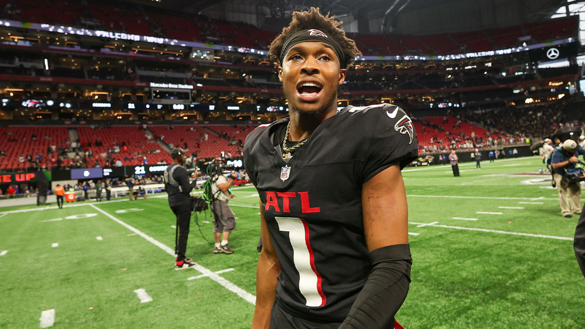 Atlanta Falcons wide receiver Darnell Mooney (1) walks off the field after a victory over the Dallas Cowboys at Mercedes-Benz Stadium.