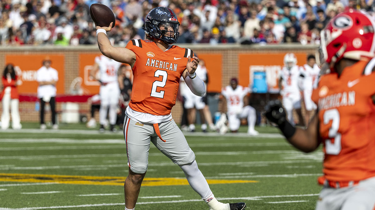 American team quarterback Jaxson Dart of Ole Miss (2) during the first half of the 2025 Senior Bowl football game against the National team at Hancock Whitney Stadium.