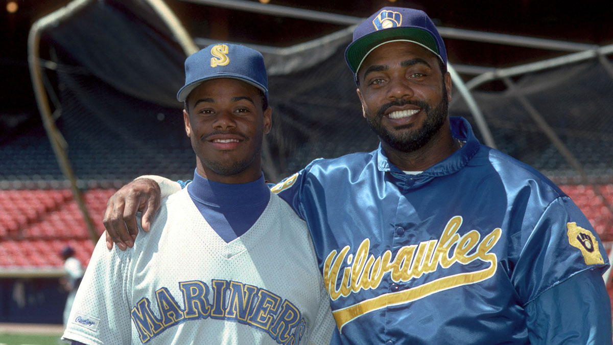Seattle Mariners outfielder Ken Griffey Jr. and Milwaukee Brewers infielder DAVE PARKER pose for a photo before their game at Milwaukee County Stadium.