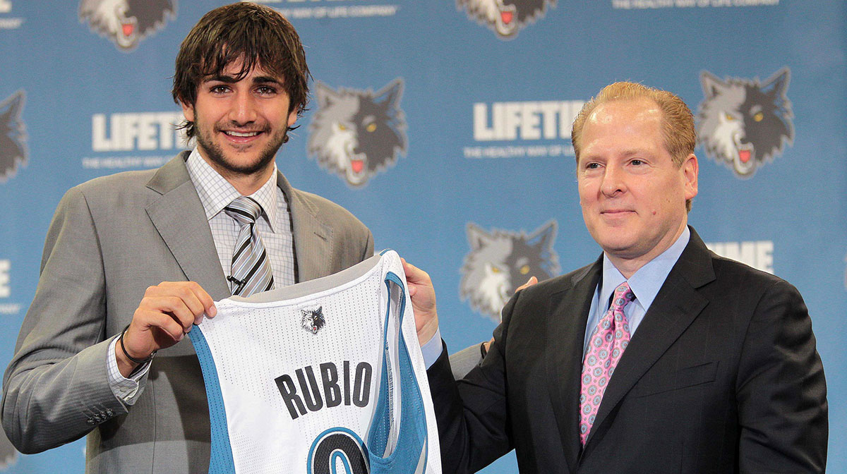 Minnesota Timberwolves draft pick Ricky Rubio (left) poses with president David Kahn during a press conference at Target Center.