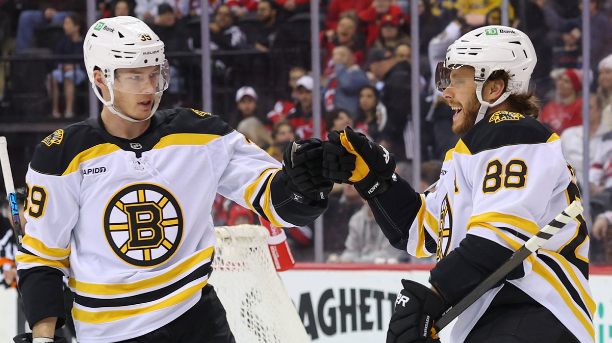 Boston Bruins right wing David Pastrnak (88) celebrates his goal against the New Jersey Devils during the first period at Prudential Center.