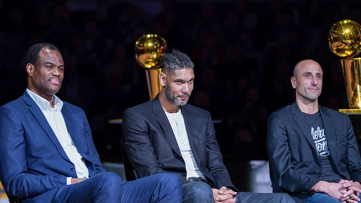 Former San Antonio Spurs players David Robinson, Tim Duncan, and Manu Ginobili look on during Tony Parker's retirement ceremony at the AT&T Center.