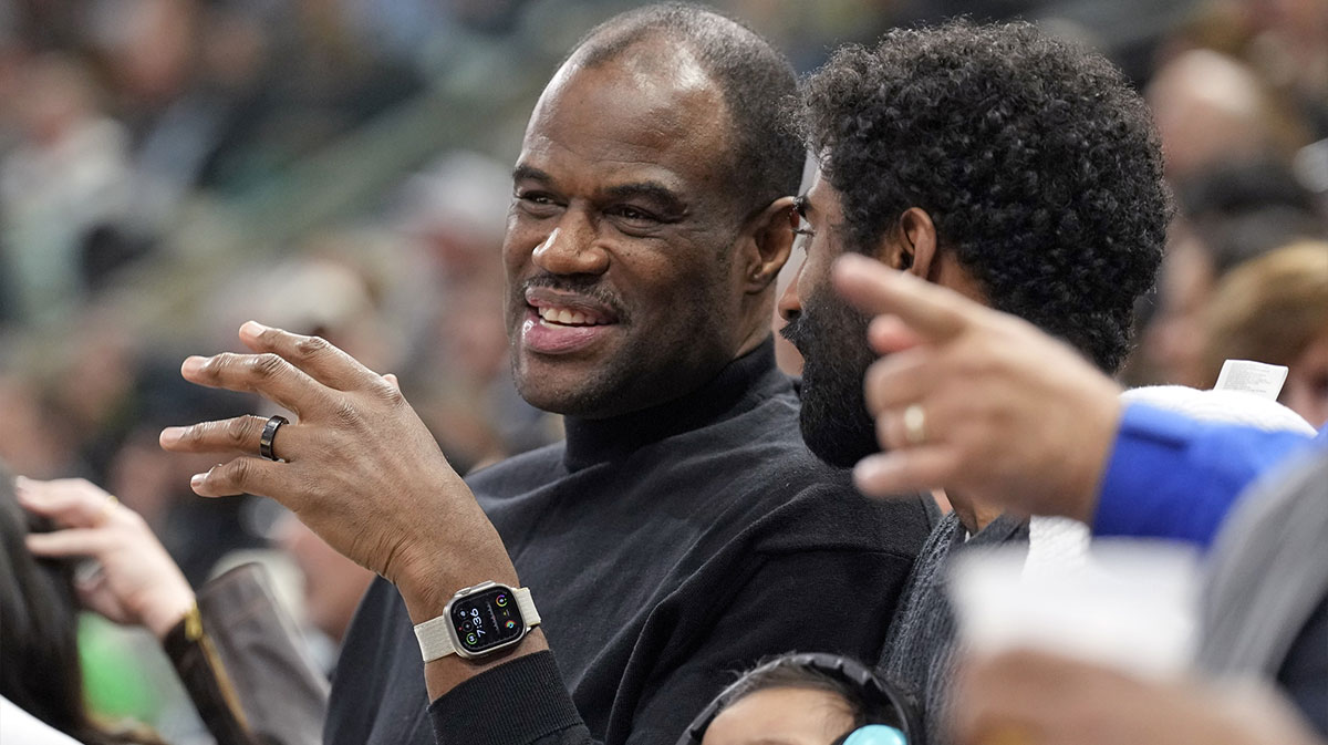 Former San Antonio Spurs player and Hall of Fame David Robinson watches the first half of the game against the Chicago Bulls at Frost Bank Center.