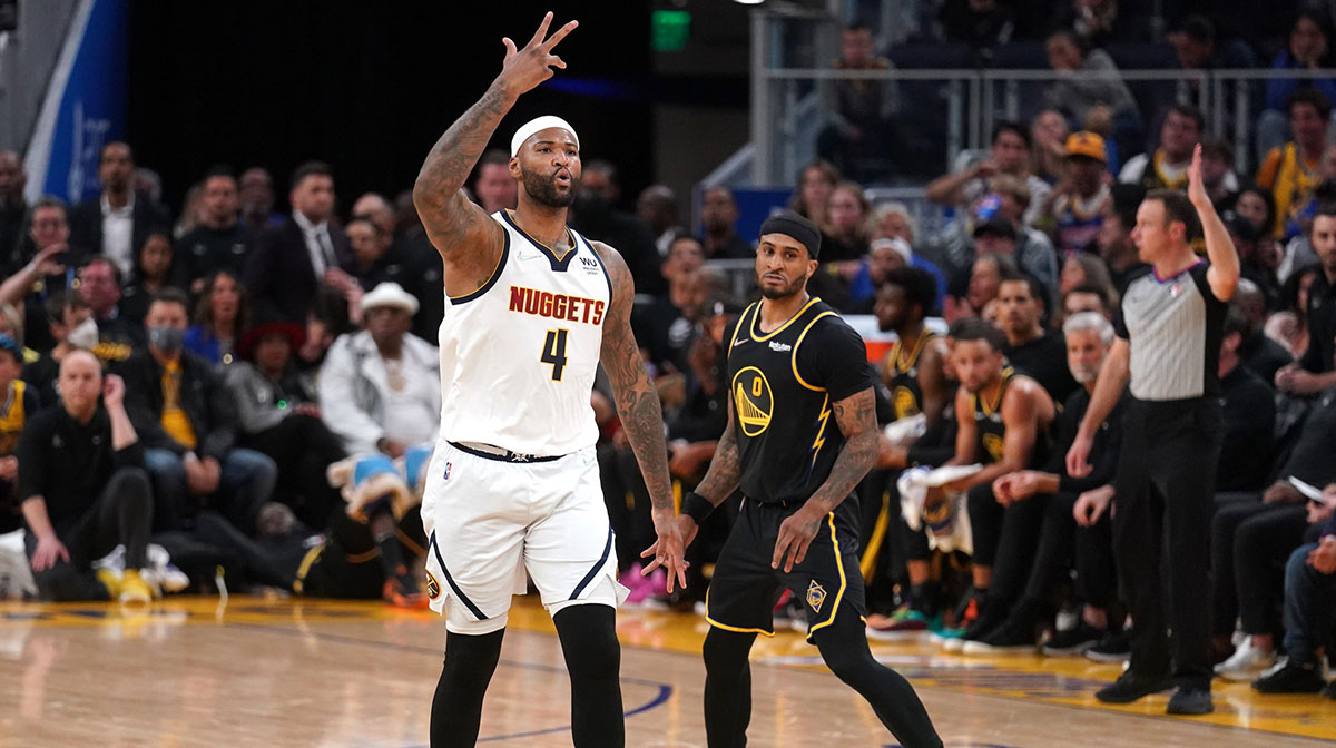 Denver Nuggets center DeMarcus Cousins (4) reacts after making a three point basket against the Golden State Warriors in the third quarter during game five of the first round for the 2022 NBA playoffs at Chase Center.