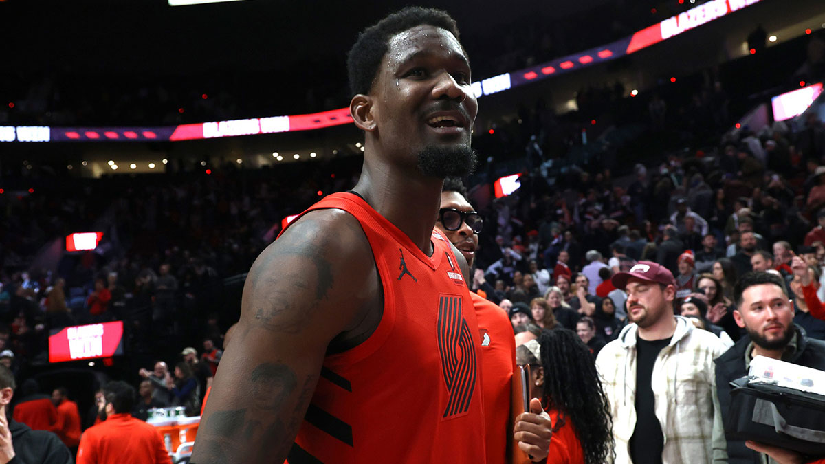 Portland Trail Blazers center Deandre Ayton (2) reacts after helping secure a 121-119 overtime win against the Phoenix Suns at Moda Center.