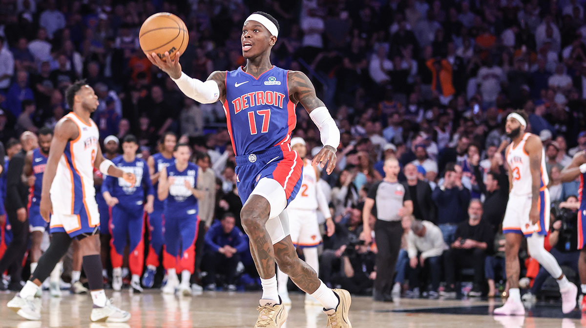 Detroit Pistons guard Dennis Schroder (17) throws the ball up in the air as the time runs out in the fourth quarter against the New York Knicks during game five of first round for the 2025 NBA Playoffs at Madison Square Garden.
