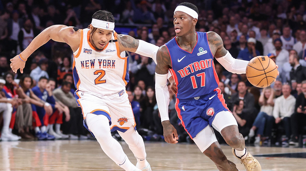 Detroit Pistons guard Dennis Schroder (17) drives past New York Knicks guard Miles McBride (2) in the fourth quarter during game five of first round for the 2025 NBA Playoffs at Madison Square Garden.