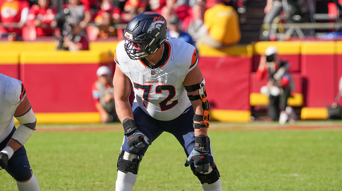 Denver Broncos offensive tackle Garett Bolles (72) at the line of scrimmage against the Kansas City Chiefs during the game at GEHA Field at Arrowhead Stadium.