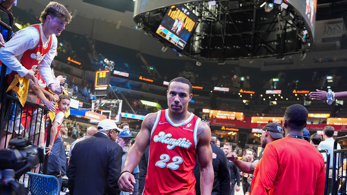 Grizzlies' Desmond Bane (22) walks off the court after the Thunder defeated the Grizzlies 117-115 in Game 4 to win the first-round NBA playoff series at FedExForum in Memphis, Tenn
