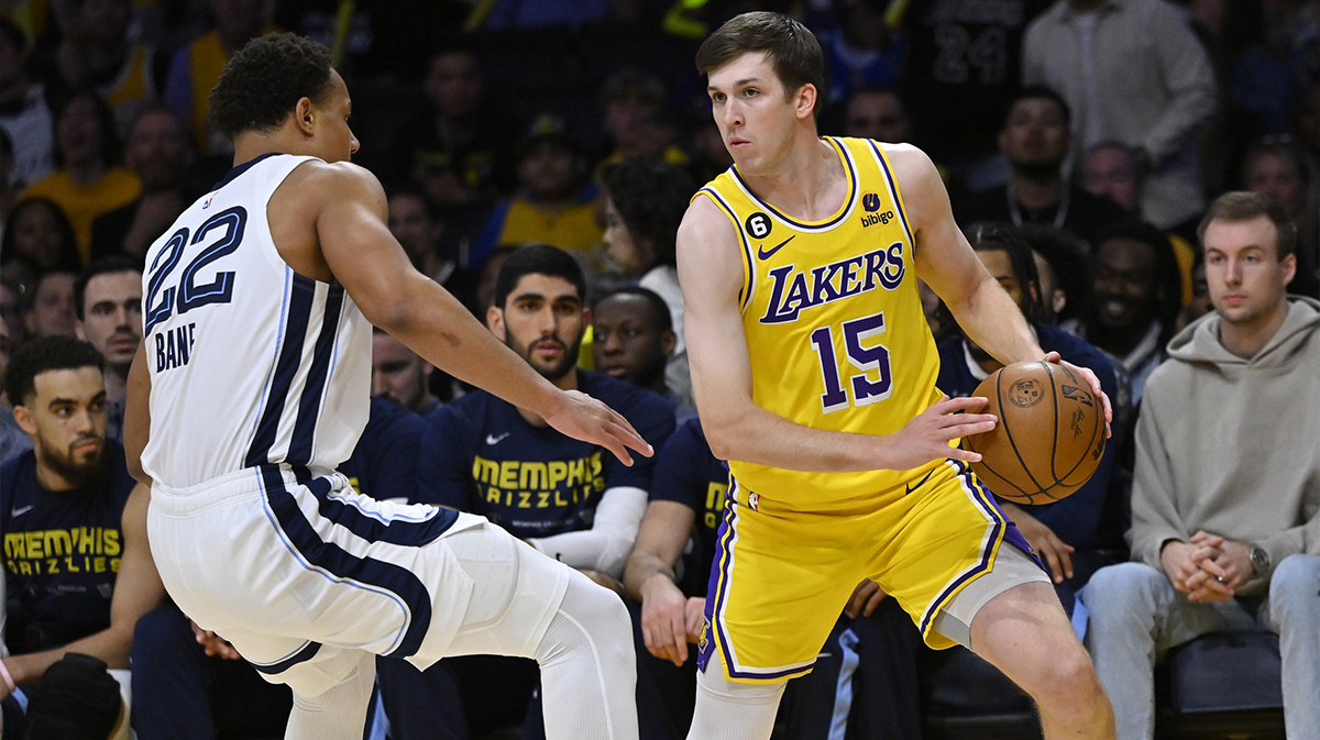 Memphis Grizzlies guard Desmond Bane (22) defends Los Angeles Lakers guard Austin Reaves (15) in the first quarter of game six of the 2023 NBA playoffs at Crypto.com Arena.
