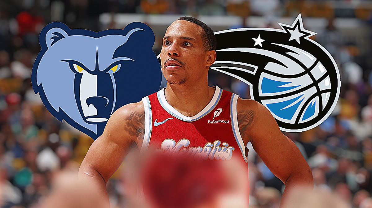 Grizzlies' Desmond Bane in the middle with Grizzlies logo on one side, Magic logo on the other