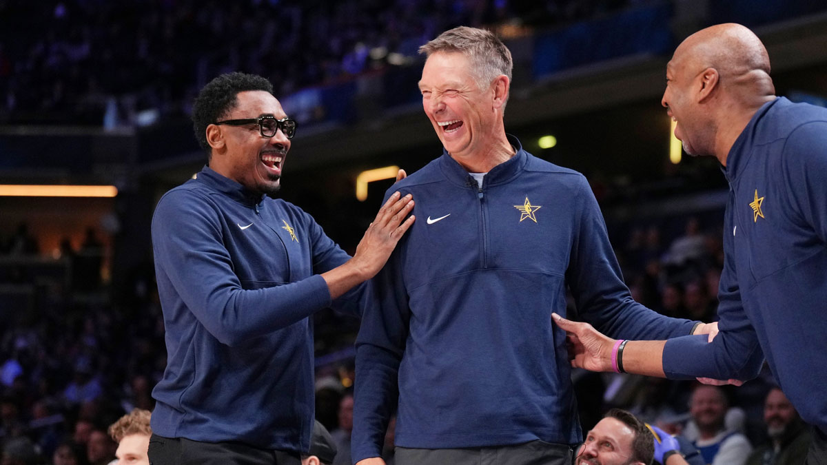 Team Detlef honorary coach Detlef Schrempf reacts during a Rising Stars semifinal game at Gainbridge Fieldhouse.