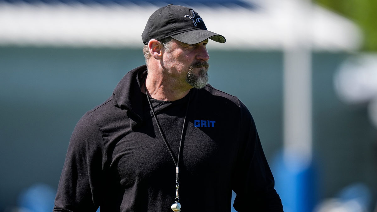 Detroit Lions head coach Dan Campbell watches practice during rookie mini camp at Meijer Performance Center in Allen Park on Friday, May 9, 2025.