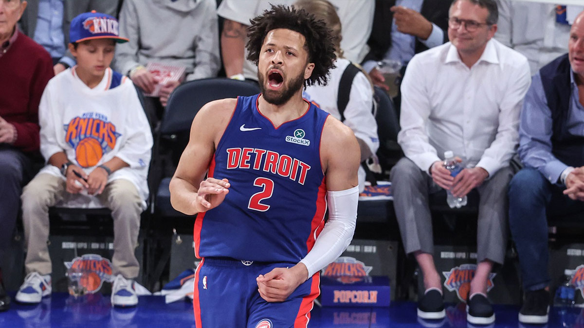 Detroit Pistons guard Cade Cunningham (2) celebrates after scoring in the third quarter against the New York Knicks during game five of first round for the 2025 NBA Playoffs at Madison Square Garden.