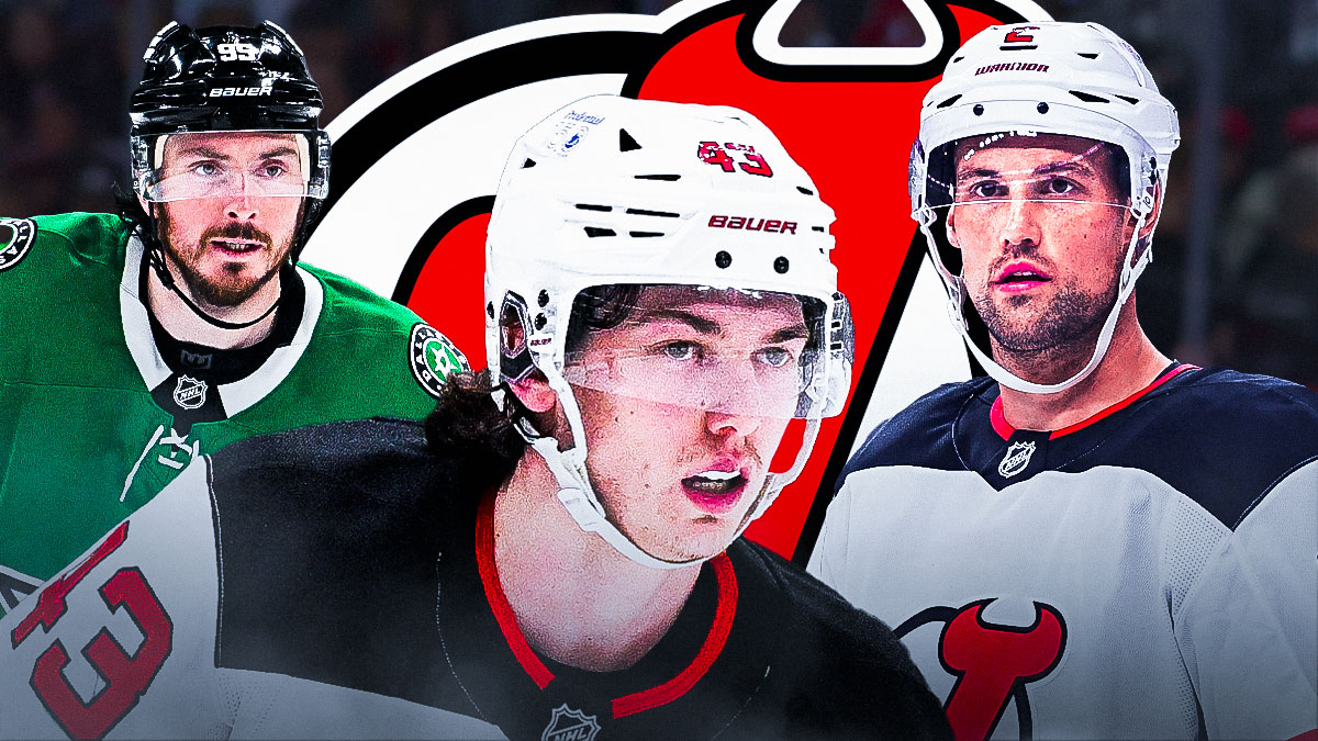 Luke Hughes in the center, Brian Dumoulin and Matt Duchene on the outsides. Devils' logo in the background. Devil free agency, NHL Free agency, Devils Dream