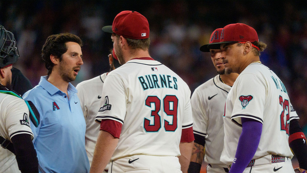 Arizona Diamondbacks starting pitcher Corbin Burnes (39) reacts after an injury in the fith inning and leaves the field against the Washington Nationals at Chase Field.