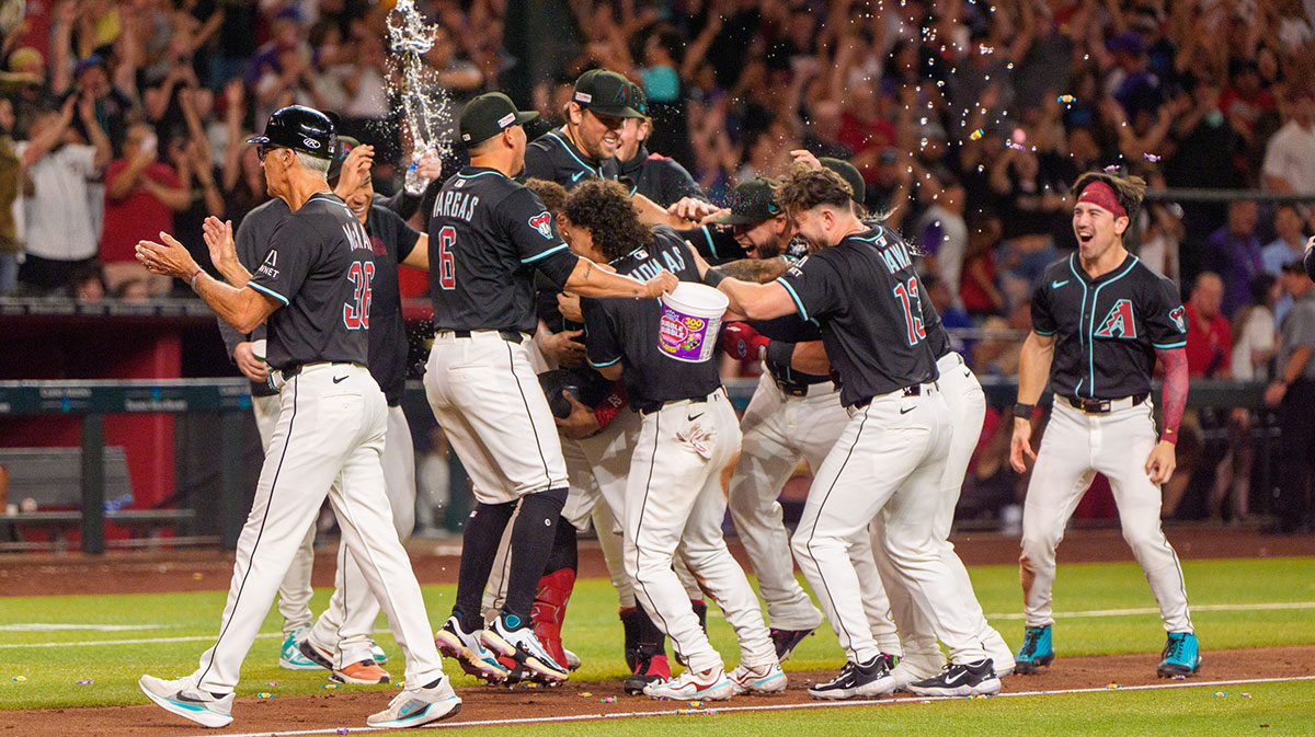 Jun 14, 2025; Phoenix, Arizona, USA; A general view as the Arizona Diamondbacks team celebrates a ninth inning come back to beat the San Diego Padres 8-7 at Chase Field. Mandatory Credit: Allan Henry-Imagn Images