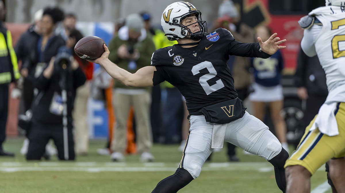 Vanderbilt Commodores quarterback Diego Pavia (2) throws the ball against the Georgia Tech Yellow Jackets during the first half of the 2024 Birmingham Bowl at Protective Stadium.