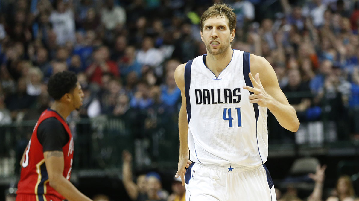 Dallas Mavericks forward Dirk Nowitzki (41) reacts to making a three point basket in the game against the New Orleans Pelicans at American Airlines Center. Dallas on 107-98.