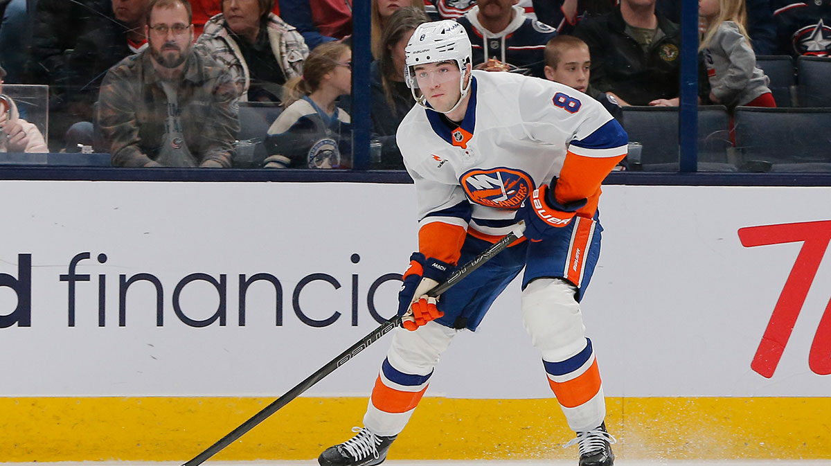New York Islanders defenseman Noah Dobson (8) looks to shoot against the New York Islanders during the first period at Nationwide Arena.