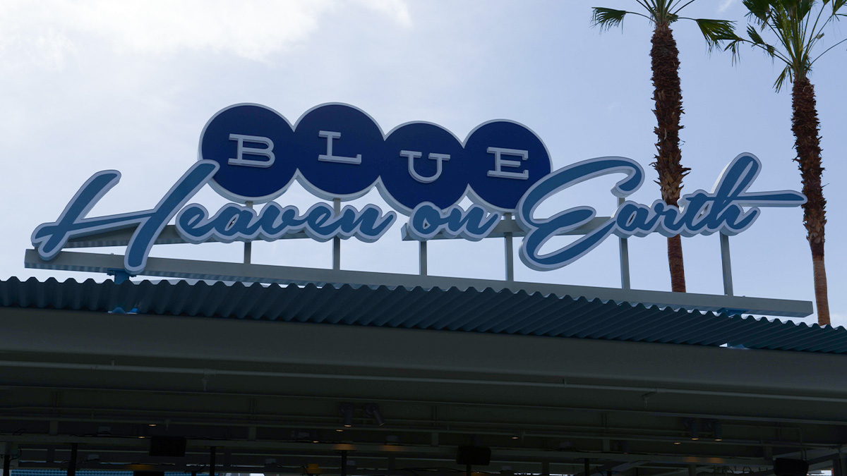 General view of Blue Heaven on Earth sign in the right field pavilion at Dodger Stadium.