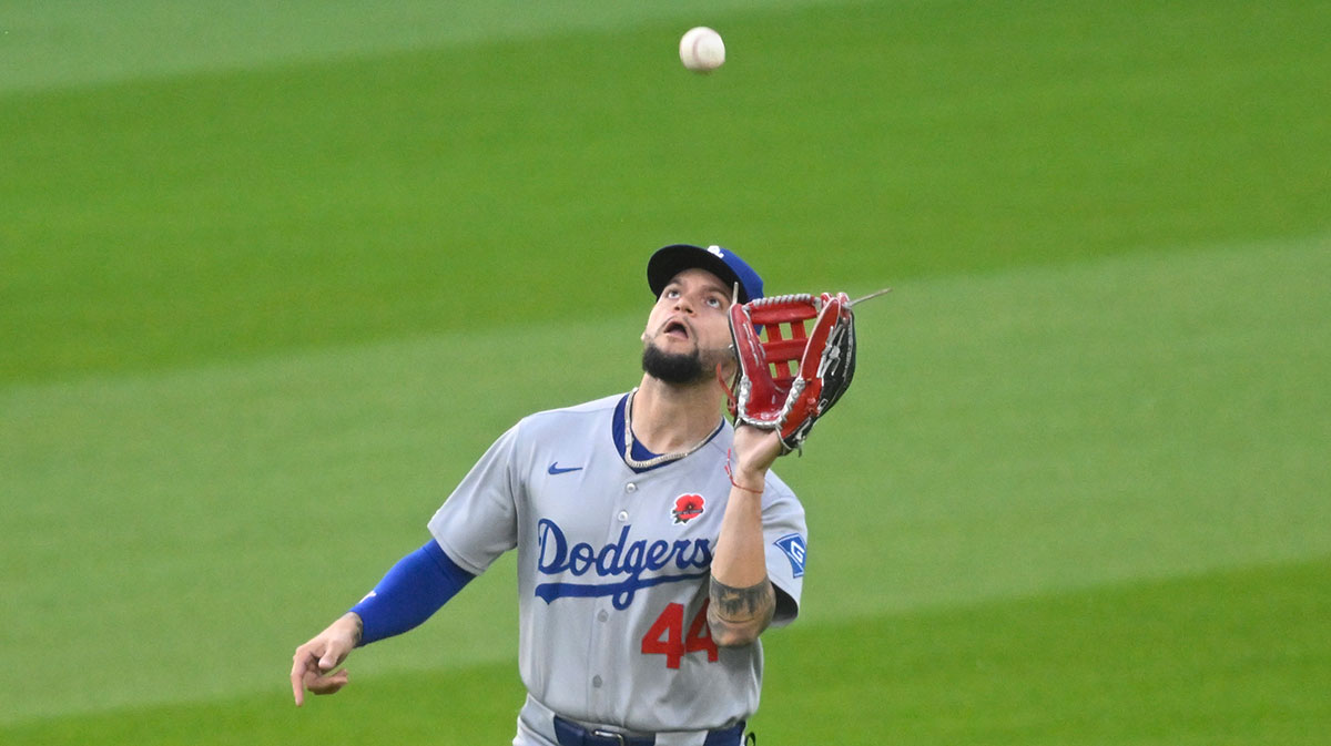 Los Angeles Dodgers center fielder Andy Pages (44) makes a catch in the sixth inning against the Cleveland Guardians at Progressive Field.