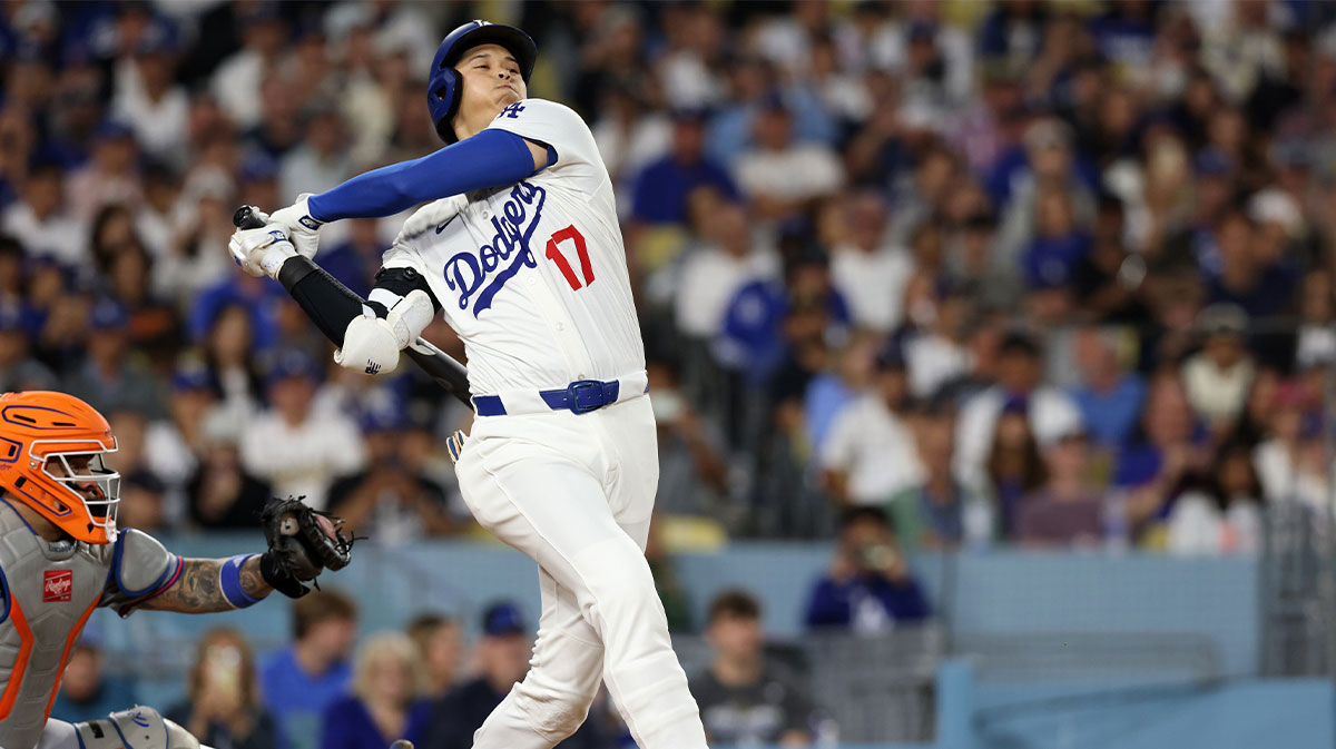 Los Angeles Dodgers designated hitter Shohei Ohtani (17) swings and misses during the fifth inning against the New York Mets at Dodger Stadium.