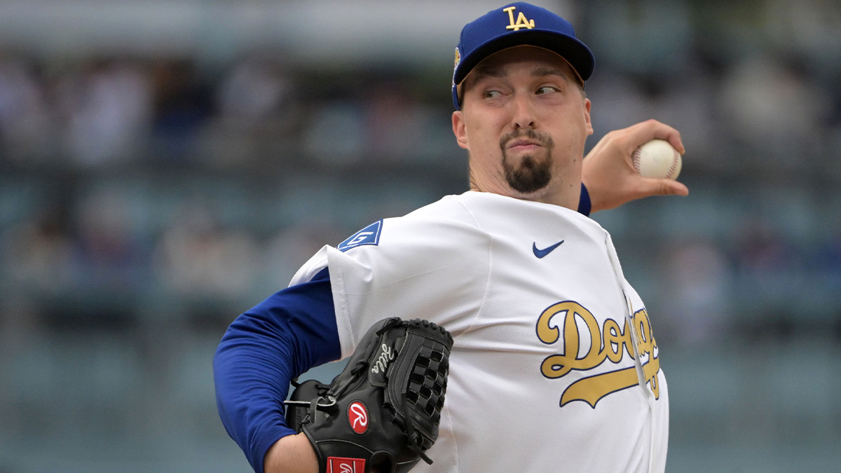 Los Angeles Dodgers pitcher Blake Snell (7) throws a pitch against the Detroit Tigers during the first inning at Dodger Stadium.