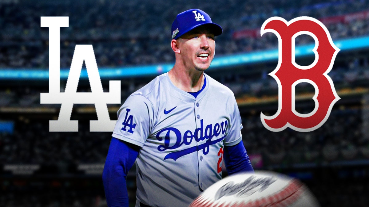 Walker Buehler in a Dodgers jersey at Dodger Stadium. Place the Boston Red Sox and Los Angeles Dodgers 2025 logos in background.