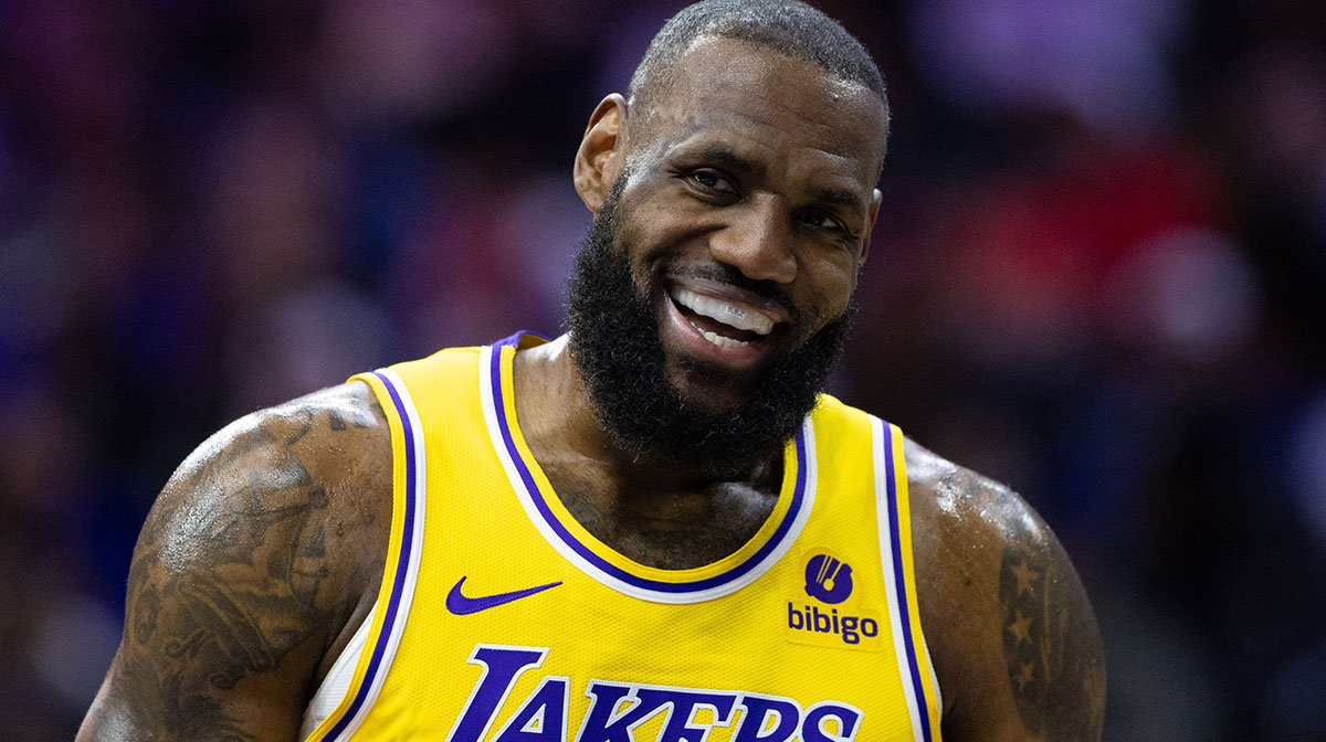Los Angeles Lakers forward LeBron James (23) smiles after a Philadelphia 76ers foul during the first quarter at Wells Fargo Center.