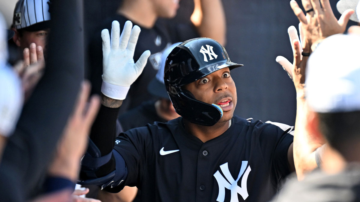 New York Yankees designated hitter Dominic Smith (22) celebrates with his teammates after hitting a solo home run in the third inning against the St. Louis Cardinals during spring training at George M. Steinbrenner Field.