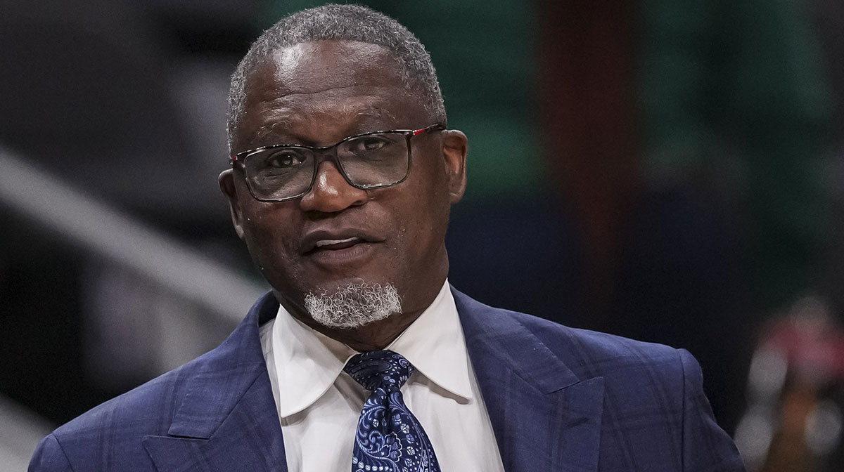 NBA Hall of Fame player Dominique Wilkins on the court before the game between the Atlanta Hawks and the Washington Wizards at State Farm Arena.