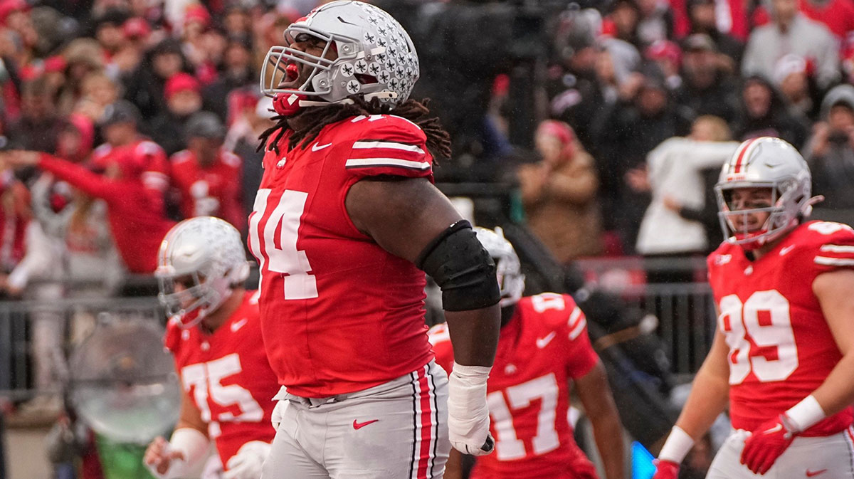 Ohio State offensive lineman Donovan Jackson (74) moved from guard to tackle this season following an injury to Josh Simmons.