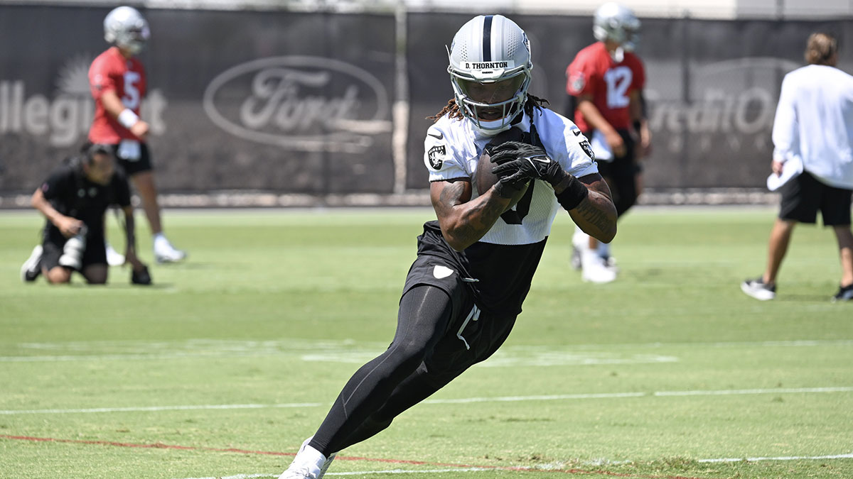 Las Vegas Raiders wide receiver Dont'e Thornton Jr. (10) runs through a drill during Las Vegas Raiders Minicamp at Intermountain Health Performance Center.
