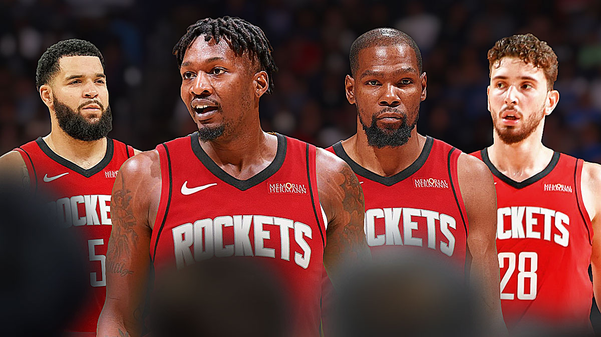 Rockets' Dorian Finney-Smith with Kevin Durant, Alperen Sengun, and Fred VanVleet.