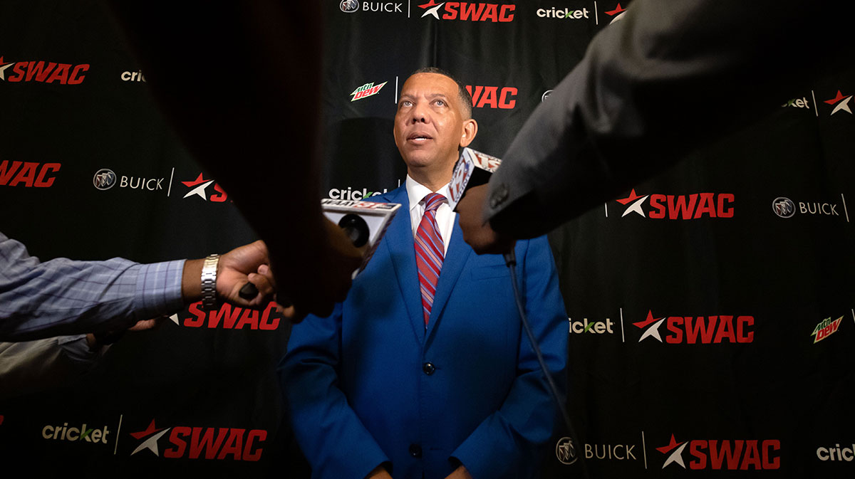 SWAC Commissioner Charles McClelland answers questions during the Southwestern Athletic Conference Media Day