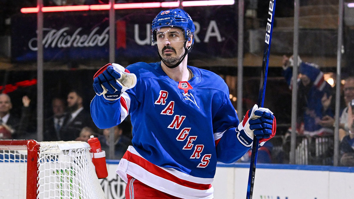 New York Rangers left wing Chris Kreider (20) celebrates his goal against the New Jersey Devils during the second period at Madison Square Garden.