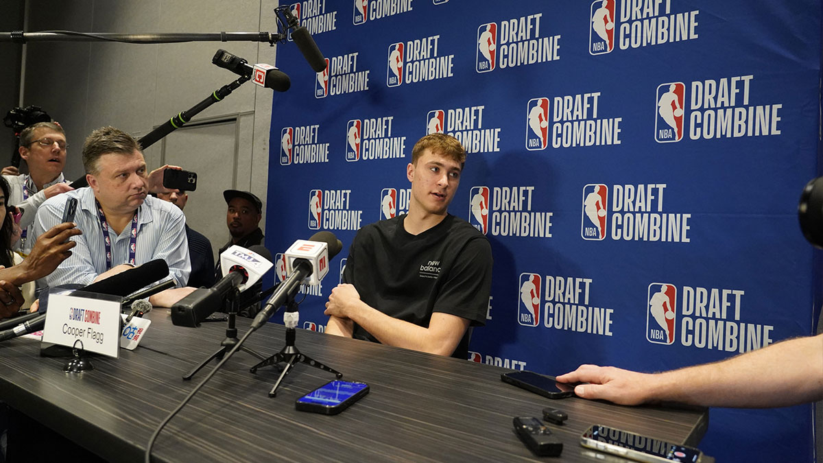 Cooper Flagg talks to the media during the 2025 NBA Draft Combine at Marriott Marquis Chicago.