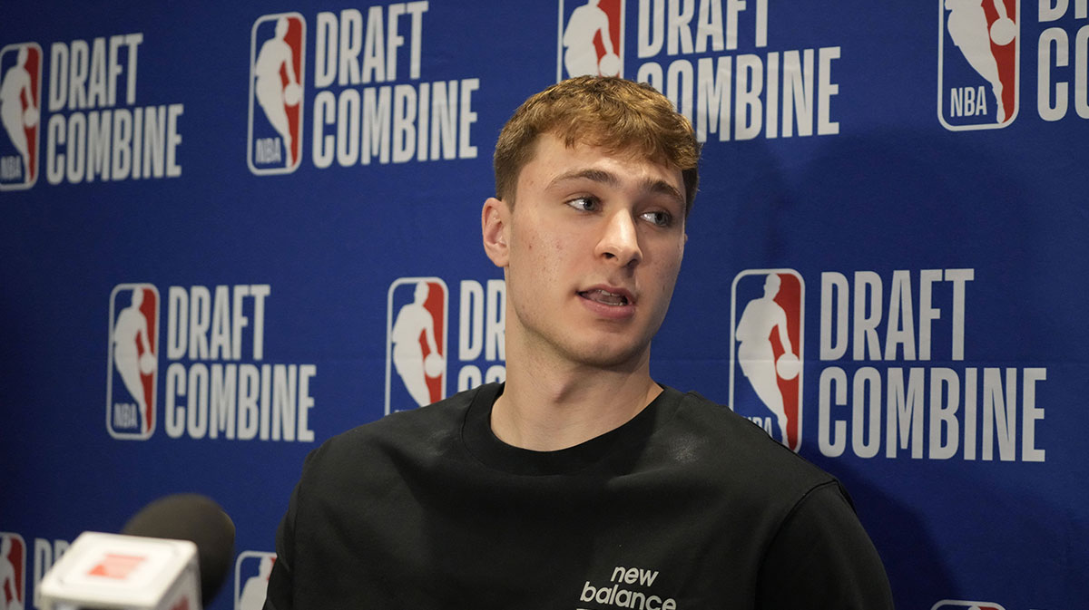Cooper Flagg talks to the media during the 2025 NBA Draft Combine at Marriott Marquis Chicago.