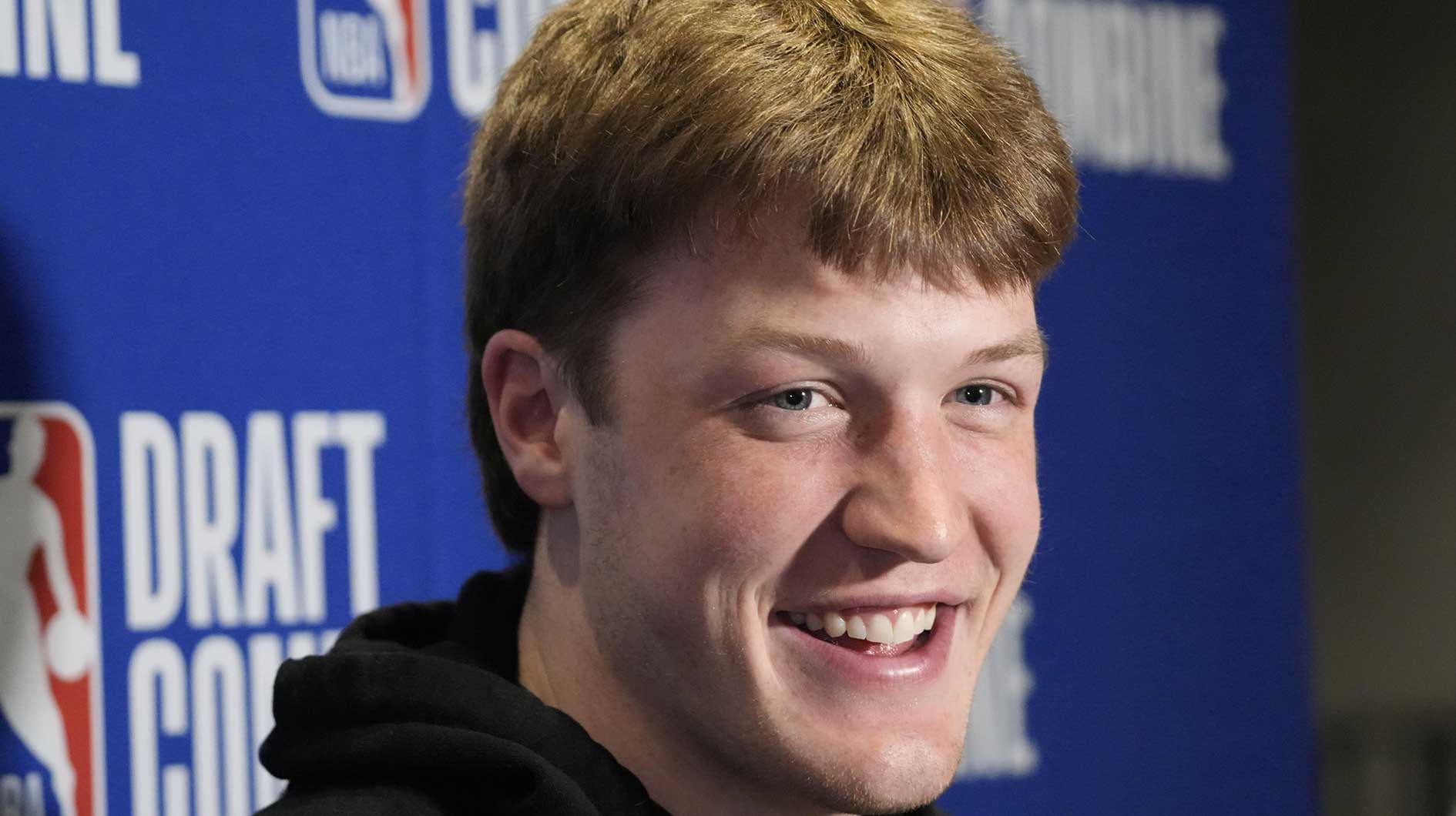 Kon Knueppel talks to the media during the 2025 NBA Draft Combine at Marriott Marquis Chicago.